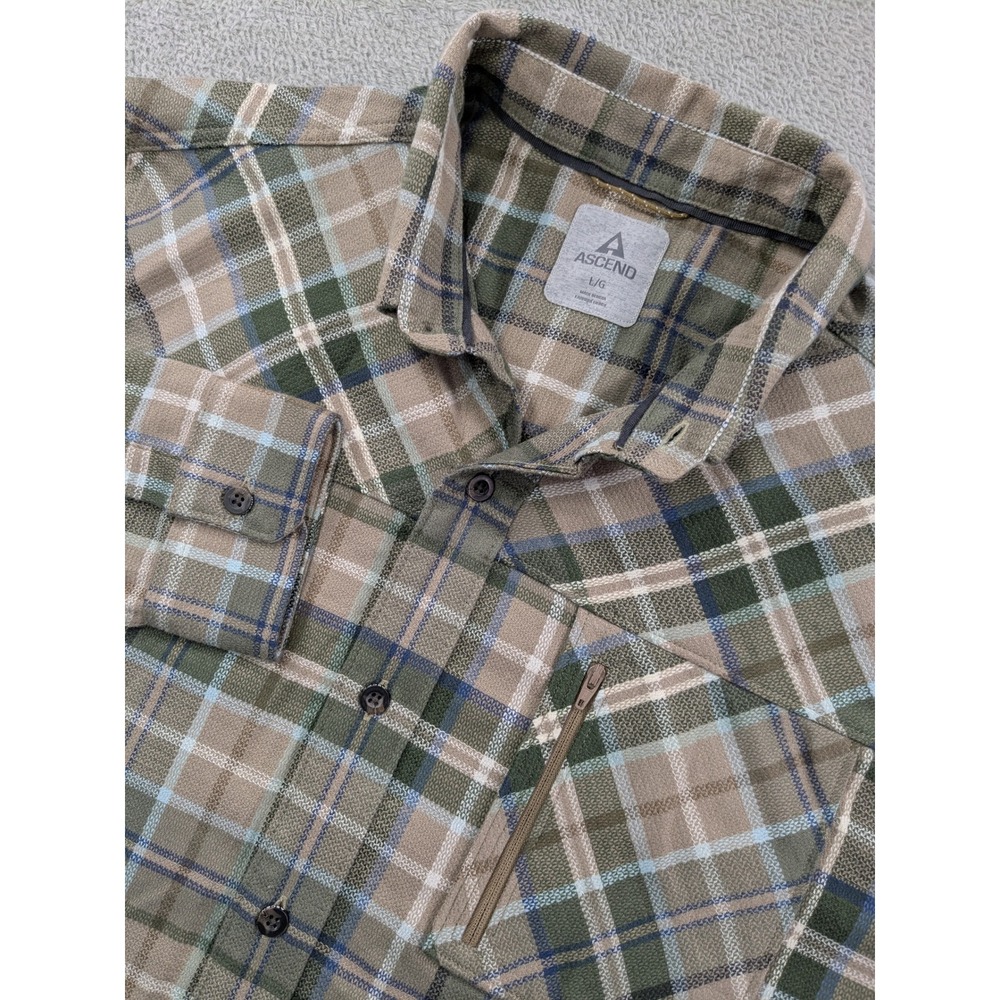 Ascend Mens Large Plaid Button Down Shirt Green Tan Organic Cotton Stretch L/G
